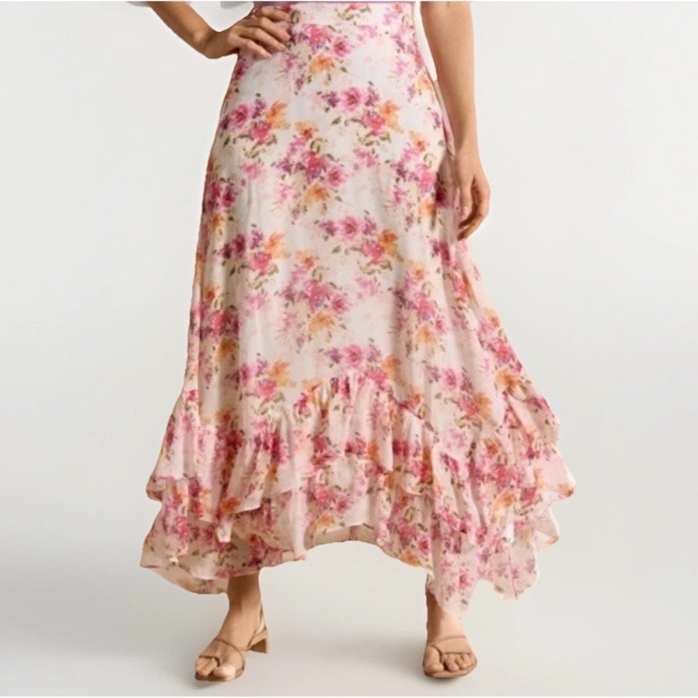 NEW Sundance Women Floral Blush Pink Ruffle Midi Skirt Cottagecore Peasant PL